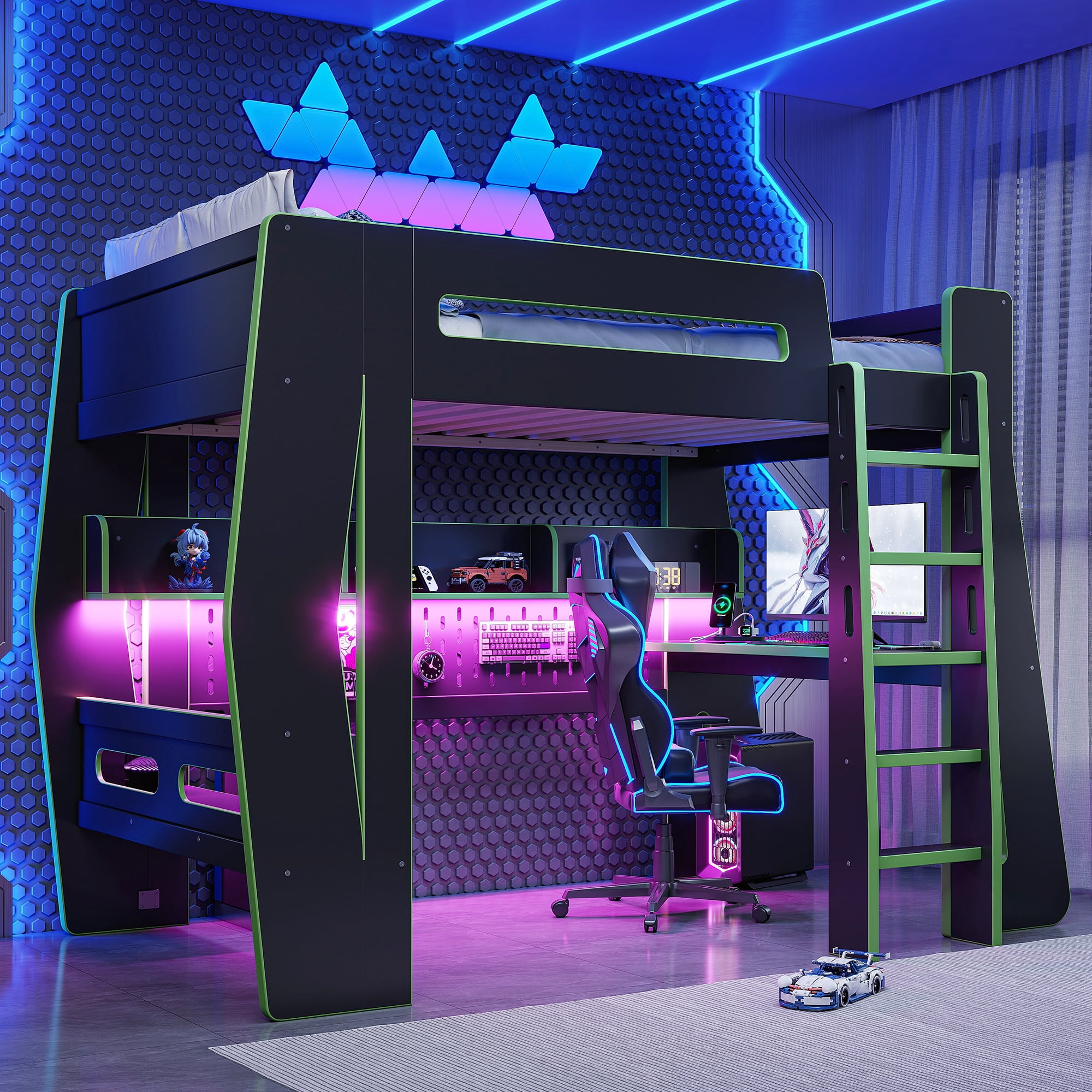 Mintazer Twin Size Gaming Loft Bed with Desk & LED Ambient Light, Esports Loft Bed with Storage Shelves & Power Outlet for Teens Bedroom, Green