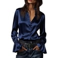 thumbnail image 2 of Women's Satin Button Down Shirt, Long Sleeve Bell Sleeve Blouse, Elegant Solid Color Collared Top for Wrinkle Resistant Formal Office Wear and Daily Outfits Dark Blue L, 2 of 5