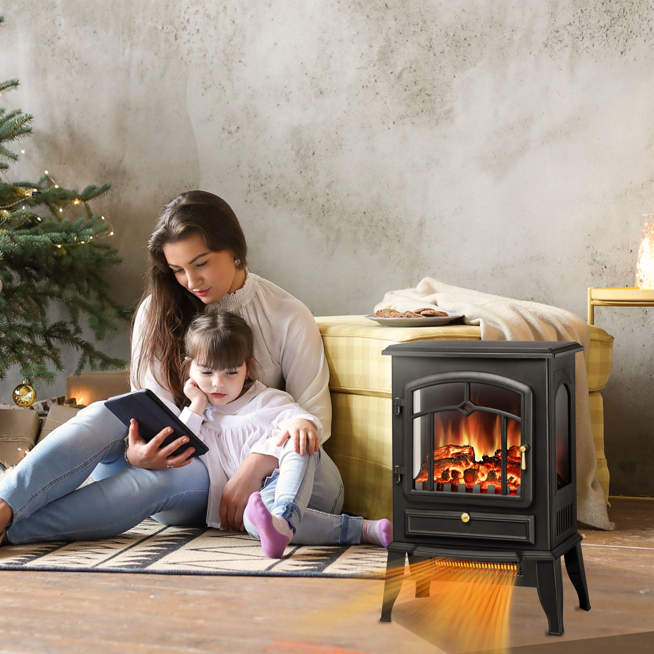 KISSAIR Infrared Electric Fireplace Stove, 15" Freestanding Fireplace Heater, Adjustable Brightness and Heating Mode, 1000W/1500W, Black
