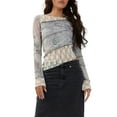thumbnail image 2 of Women's Lace Patchwork Tops Long Sleeve Boat Neck Floral Print Asymmetrical Hem Blouse, 2 of 8