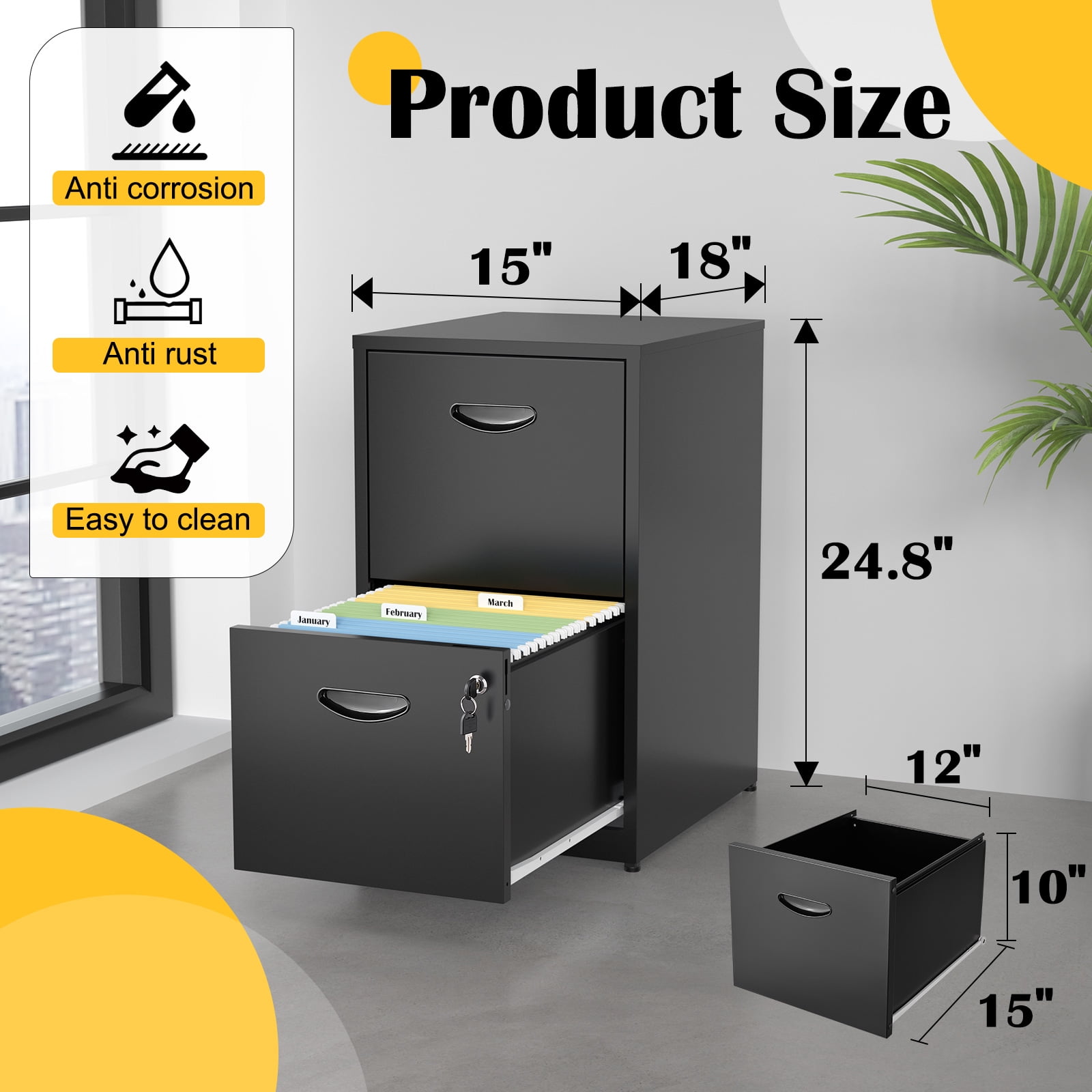 Polup 18"D Modern Office Locking File Cabinet 2 Drawer,Black Metal Vertical File Cabinet