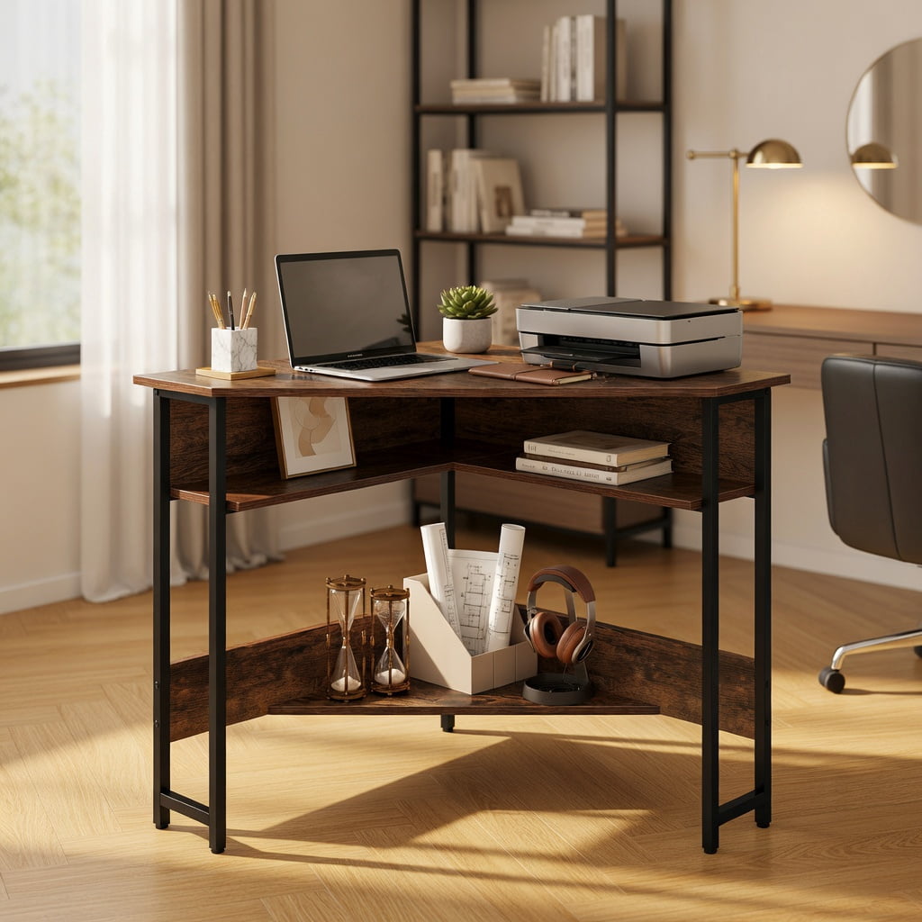 Spaco Triangle Corner Desk with Charging Station Keyboard Tray and Storage Shelf-Rustic Brown, Office Desk, Gaming Computer Desks for Study,Working,Writing