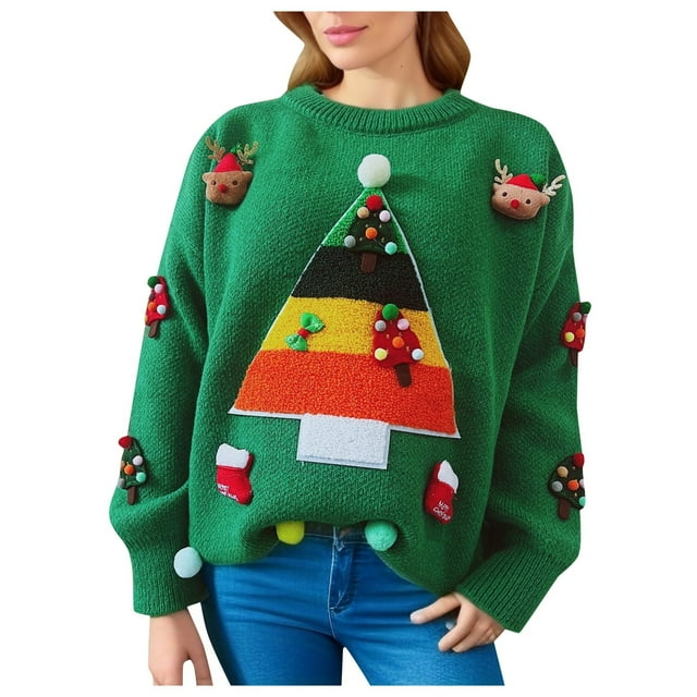 Zhanying Sweater Chandails pour Femmes Tendance 2025 Chandail Chaud Surdimensionné pour Dames Col Rond Rouge Noël