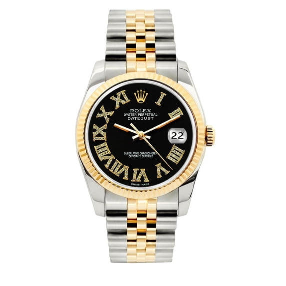 Pre-Owned Rolex Datejust 36MM 16233 Black Roman Diamond Dial Fluted Bezel Two Tone Yellow Gold Jubilee Bracelet