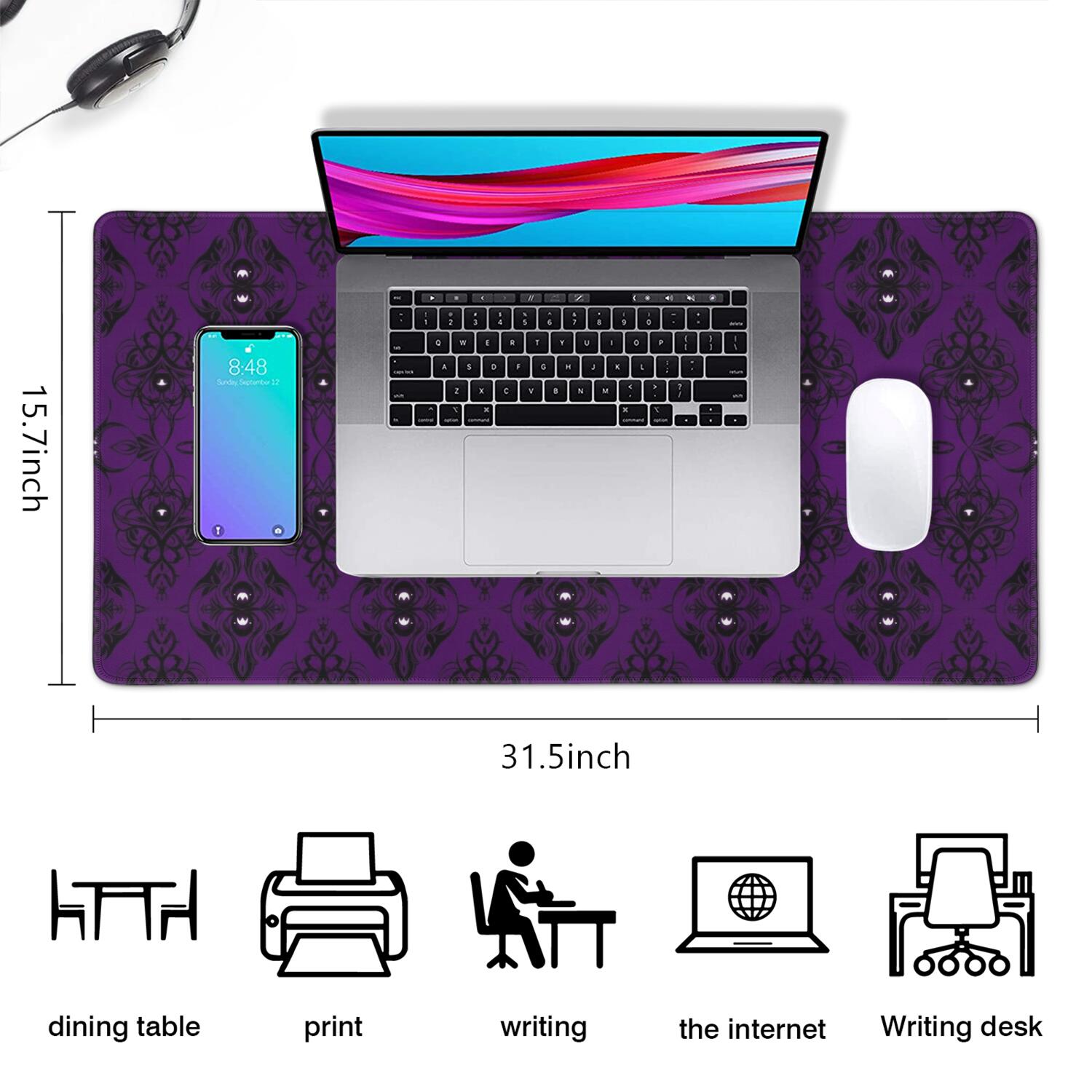 Long Mouse Pads for Desk,Purple Black Ornament Eye Pattern Desk Mats on Top Of Desks, Desk Mouse Pad Extra Large with 3mm Non-Slip Base and Stitched Edge for Gaming,Office,Work,Home 31.5"x15.7"