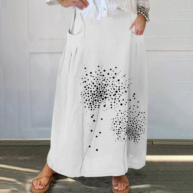 Mrat High Waisted Swim Skirt Women s Casual Retro Floral Skirts Linen Elastic Waist Pleated Maxi Skirt with Pockets Plus Size Skirts S 241 White 5XL