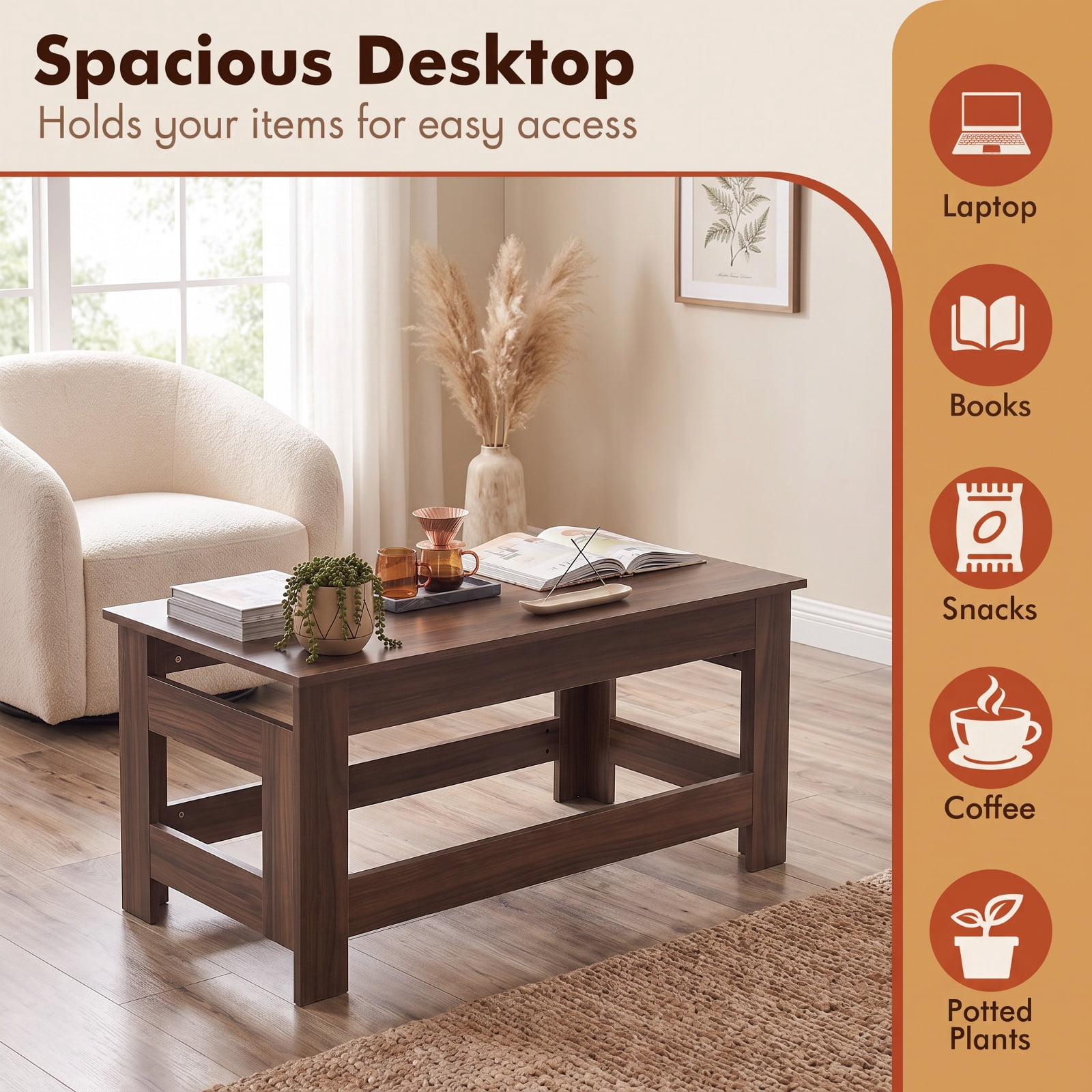 Furnibear Portable Low Floor Table with Foldable Legs Space Saving Folding Coffee Table for Living Room Dining Reading Gaming, Brown