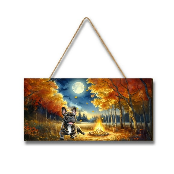 Hello Fall French Bulldog Enjoys Warm Campfire Autumn Night Bright Moon Landscape Wood Sign Dog Lover Gifts Hanging Wall Home Decor - 01008