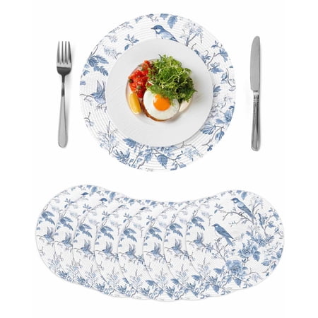 White Blue Spring Floral Round 13 Inch Placemats Set of 8 Summer Birds Botanical HeatResistant Non Slip Place Mats for Dining Table Wipeable Braided Kitchen Table Mats for Housewarming