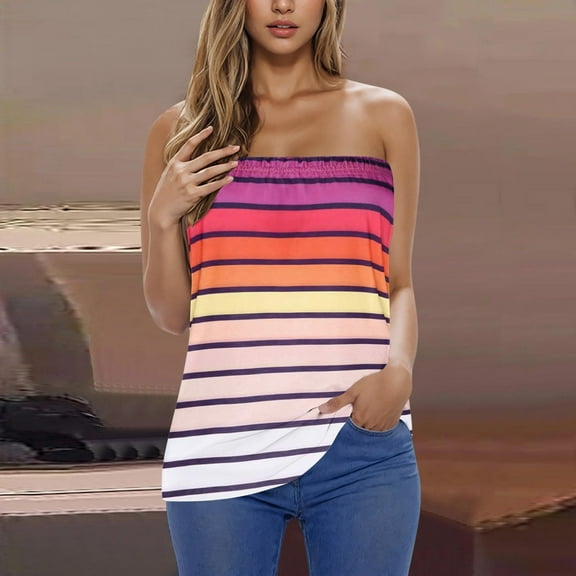 QUINDOS Womens Tank Tops Plus Size Pink Ribbed Summer Casual Strapless Bandeau Tank Tops Printed Vest Off The Shoulder Blouse Camisoles for Women