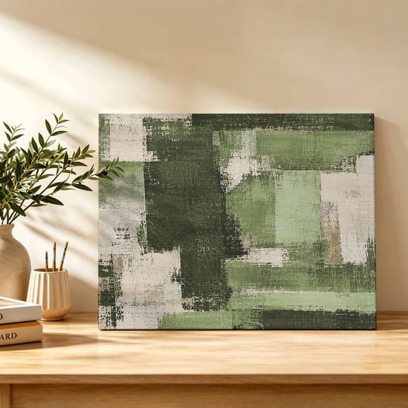 Moss Green Canvas Wall Art, Cream Freen Color Block Patchwork Abstract Splatter Style Wall Art Prints Artwork Framed Canvas Ready to Hang Art Pictures for Bathroom, Dressing Table, Entryway 12" x 8"