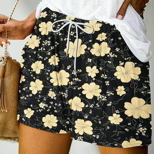 LOVZFMLL Women Summer Printed Lace Up Elastic Pocket Casual Shorts Multicolor L
