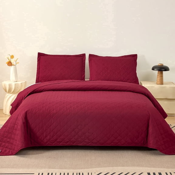 Jessy Home Burgundy Quilt Set Queen/Full Size Lightweight Microfiber Bedspread Coverlet Set