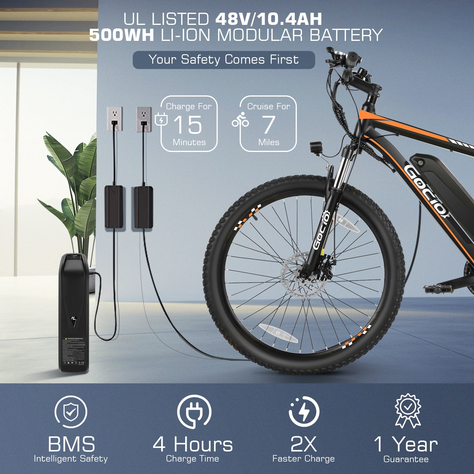 Gocio 500W 26" Electric Bike, 2.1" Electric Mountain Bike for Adults, 499Wh 48V 10.4Ah Battery 19.8MPH 3H Fast Charge Ebike, LCD Display, Lockable Suspension Fork, Shimano 21 Speed UL2849 Certified
