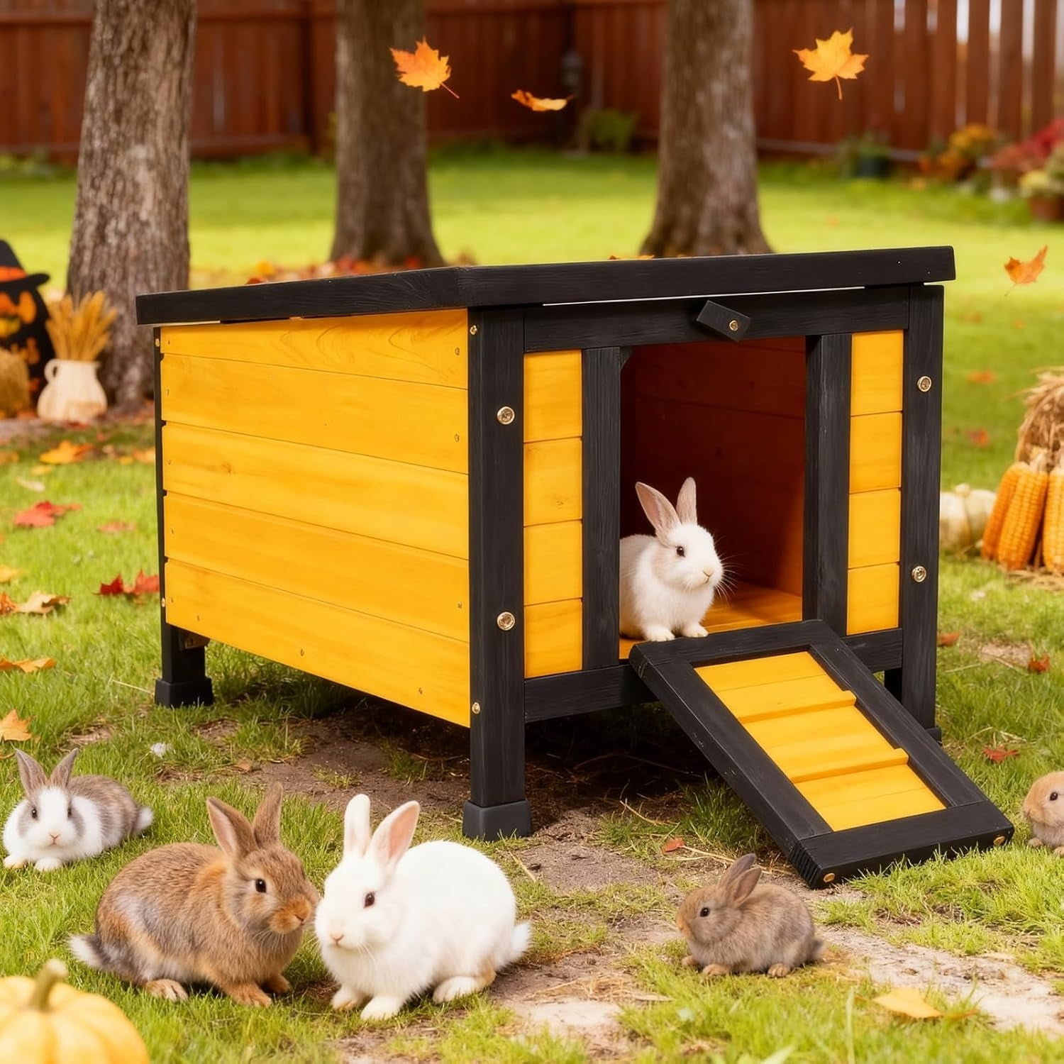 Outdoor Cat House Weatherproof, Rabbit Hutch & Indoor Bunny Cage, Wooden Shelter for Feral Cats, Rabbits, Chickens & Small Animals