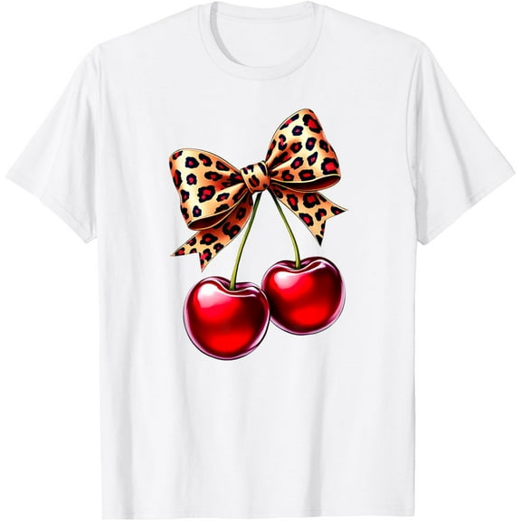 Coquette Cherry Leopard Ribbon Bow Women Girls T-ShirtMen's and women's pure cotton short-sleeved shirts