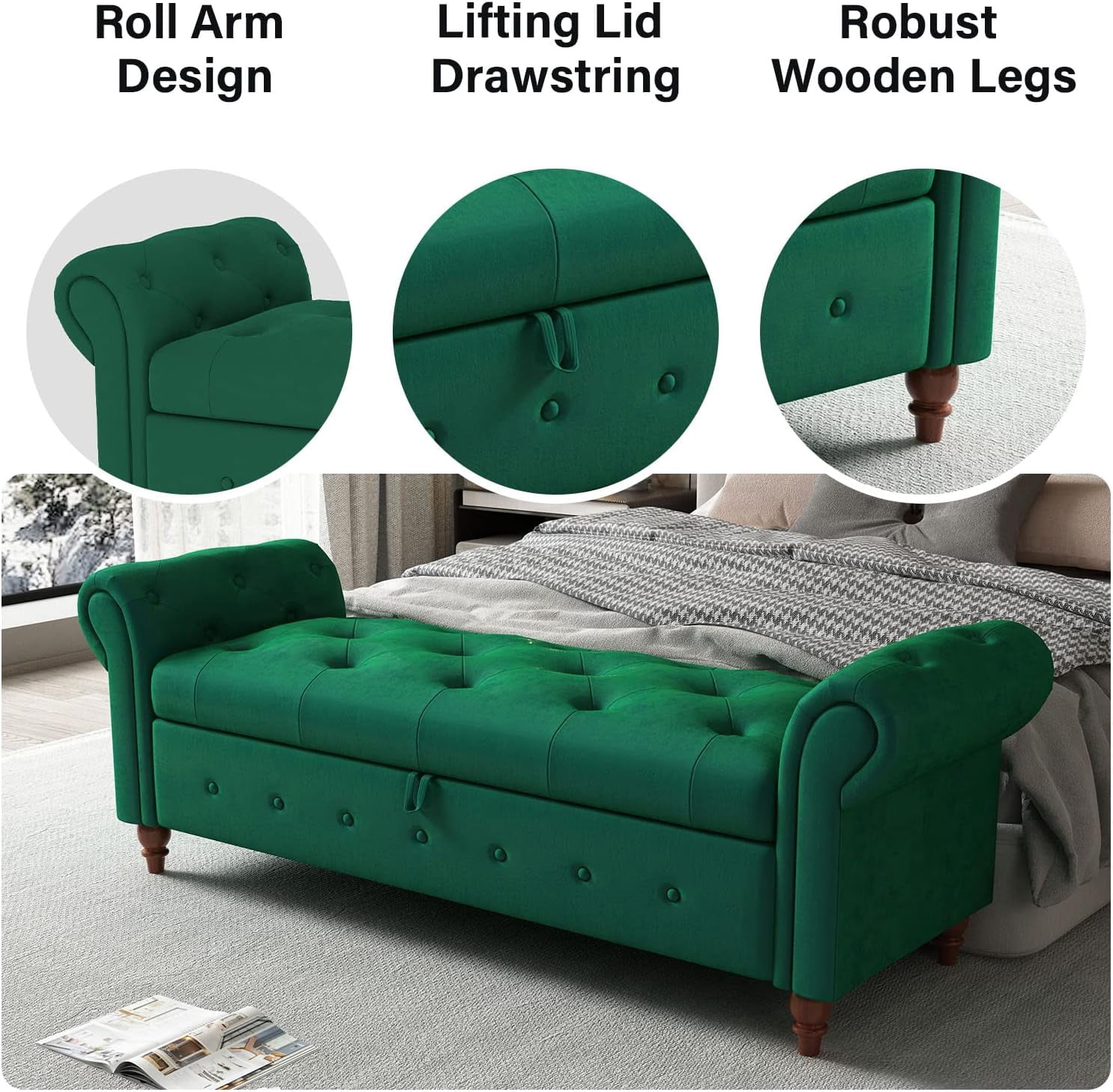 Miniyam 63" Storage Ottoman Bench with Rolled Arms, Button Tufted End of Bed Bench for Bedroom, Green