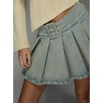 thumbnail image 3 of Womens Blue Pleated Mini Denim Skirt, High Waist A-Line Flare Style, 3 of 5