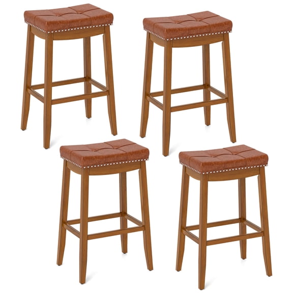 Costway 29" Bar Height Stools Set of 4 with PU Leather Seat Solid Rubber Wood Frame