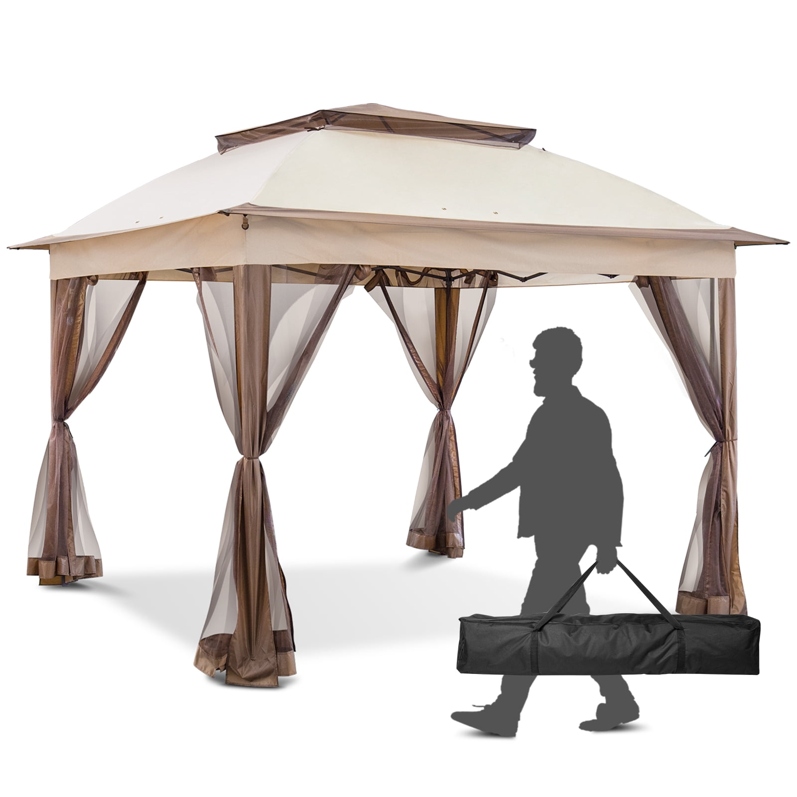 INTER HUT 11x11 Outdoor Pop up Gazebo Tent with Mesh Walls for Patio, Lawn, Backyard and Deck, Beige