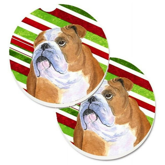 Bulldog English Candy Cane Holiday Christmas Set of 2 Cup Holder Car Coaster