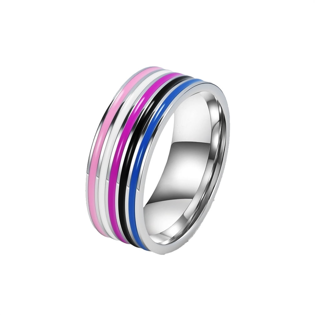 HIRPLIS Rainbow Rings for Women Men LGBTQ Enamel Pride Striped Colorful Band Stainless Steel Couple Simple Stackable Personalized Gift Jewelry H 10