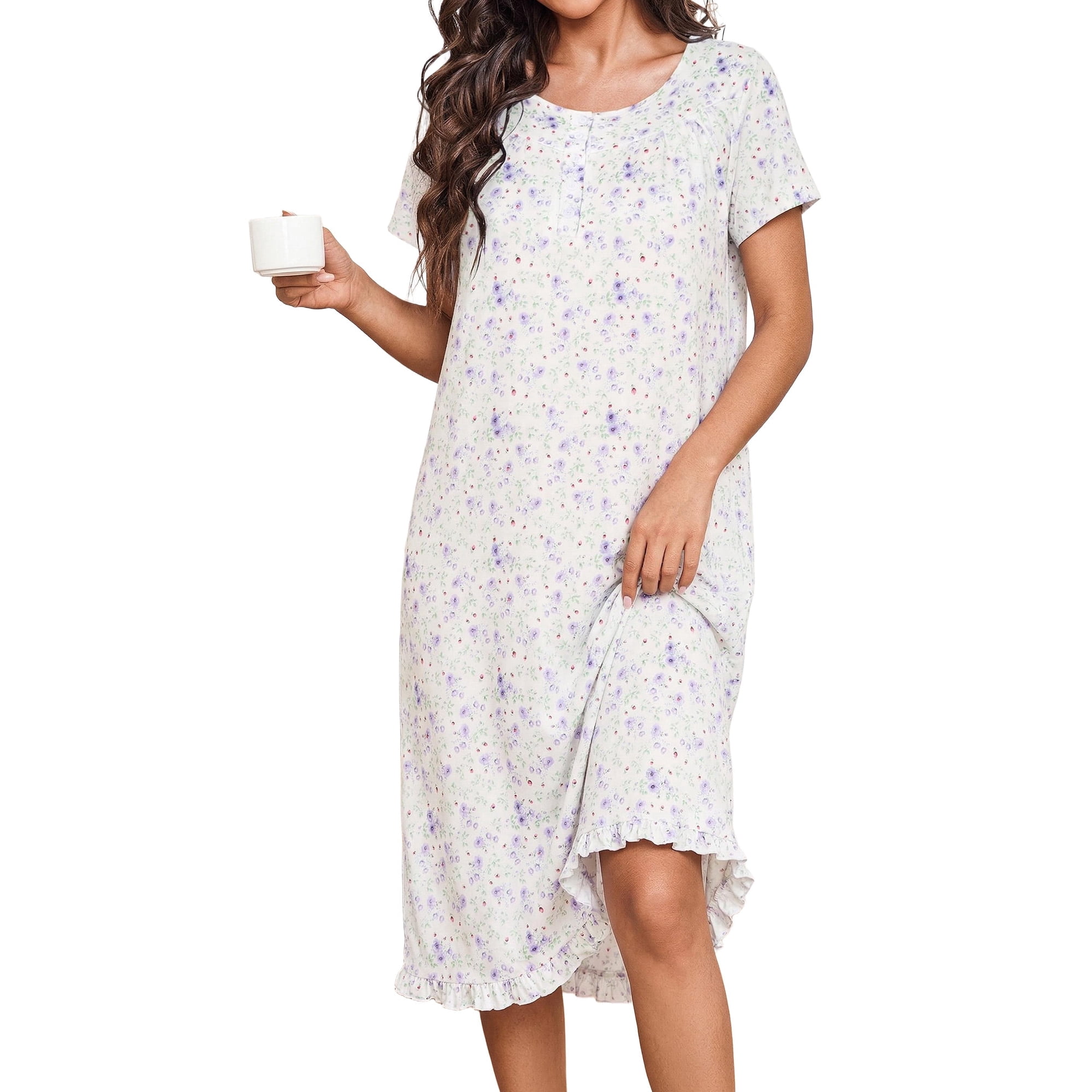 Avidlove Women Nightgowns with Pockets Button Front Henley NeckHouse Dresses Ruffle Hem Nightdress Sleepwear Short Sleeve Pajamas Dress