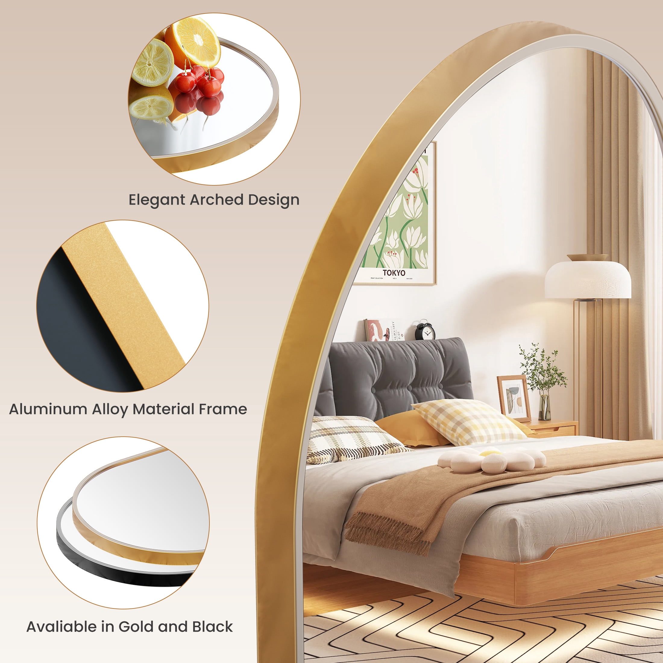EDX 26"X38" Arched Bathroom Mirror, Wall Mounted Mirror with Aluminum Alloy Frame, Bathroom Mirror for Living Room, Bedroom, Bathroom and Entryway, Gold