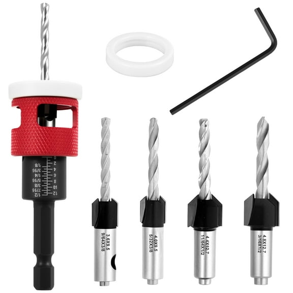 5Pcs Countersink Drill Bit Set with Adjustable Depth Stop 1/4 Inch Hex Shank 82 Degree Woodworking Counter Sink Drill Bit for Wood Plywood MDF