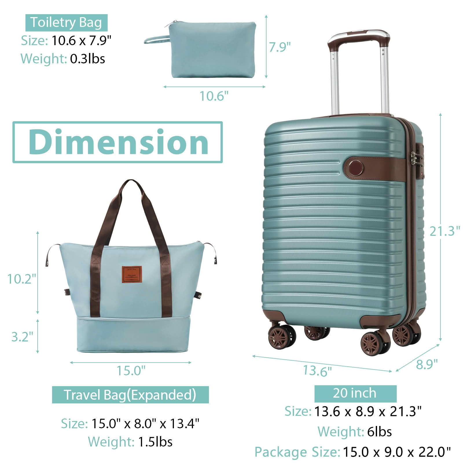 MAYEERTY 3-in-1 20" ABS Hard Shell Carry On Luggage Set with TSA Lock Spinner Wheels, Blue Travel Suitcase with Duffel Toiletry Bag