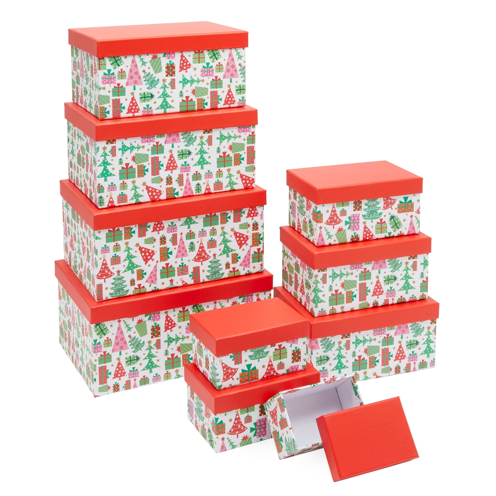 10 Pack Nesting Christmas Gift Boxes with Red Lids for Presents