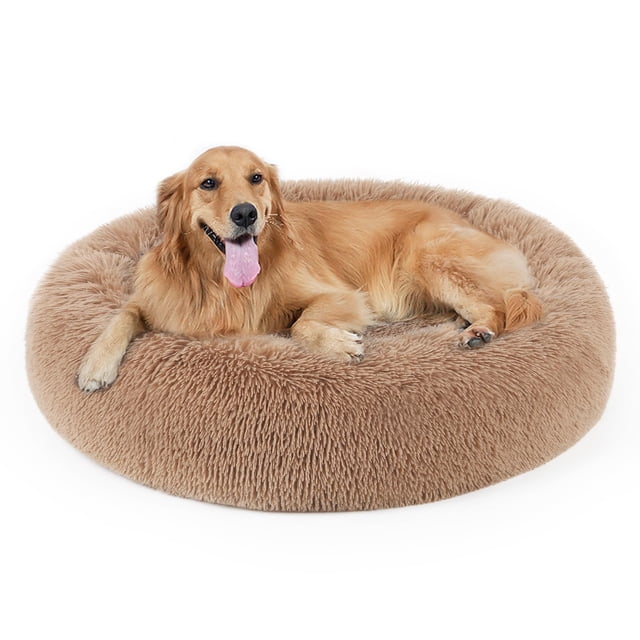 Cama relajante para perros y bebés, almohada de piel sintética para mascotas, rosquillas