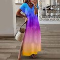 thumbnail image 2 of Womens Summer Dresses Long Petite Regular V Neck Short Sleeved Color Tie Dye Color Matching Long Slit Boho Maxi Dresses For Women 2023, 2 of 4