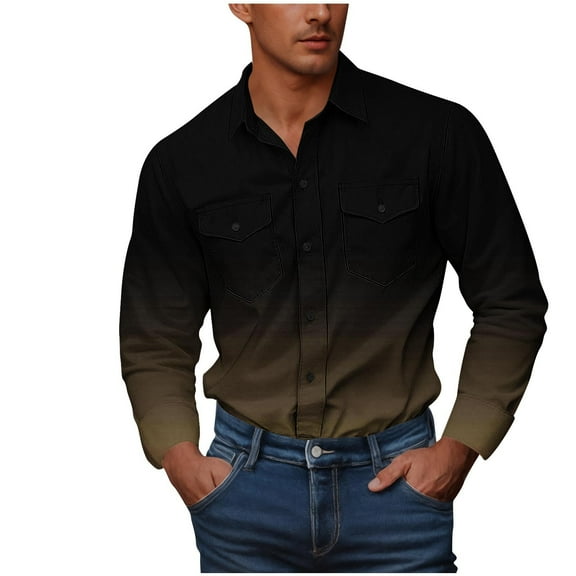GuangCheng George Men Shirts Gradient Dip Dye Long Sleeve Button Up Blouses Casual Slim Fit Chest Pockets Stylish Denim Western Top,Khaki,L