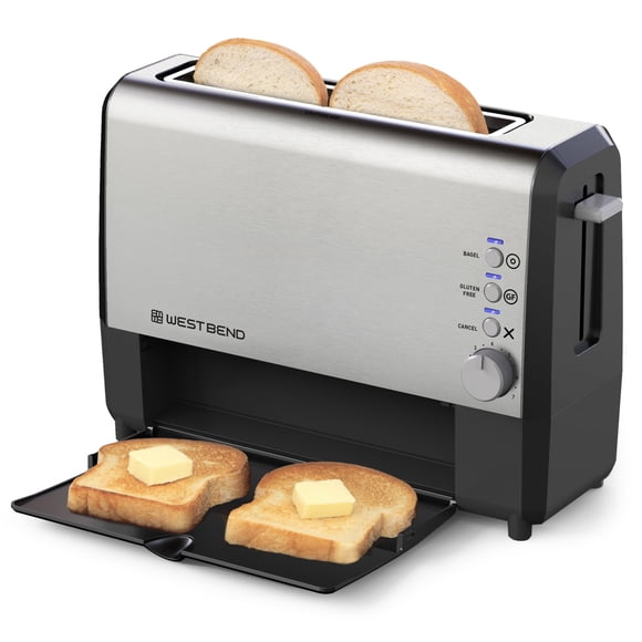 West Bend 77222 Quick Serve Wide Slot Toaster Bagel and Gluten-Free Settings with Cool Touch Exterior Includes Removable Serving Tray, 2-Slice, Silver
