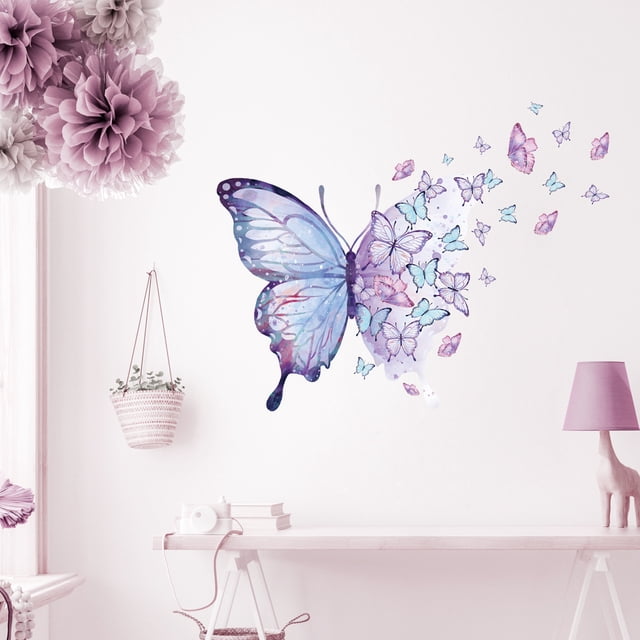 Hermosas pegatinas de pared de mariposas púrpuras azules, calcomanías de pared de mariposas de arte, decoraciones de sala de juegos de guardería de vinilo removibles y pegadas