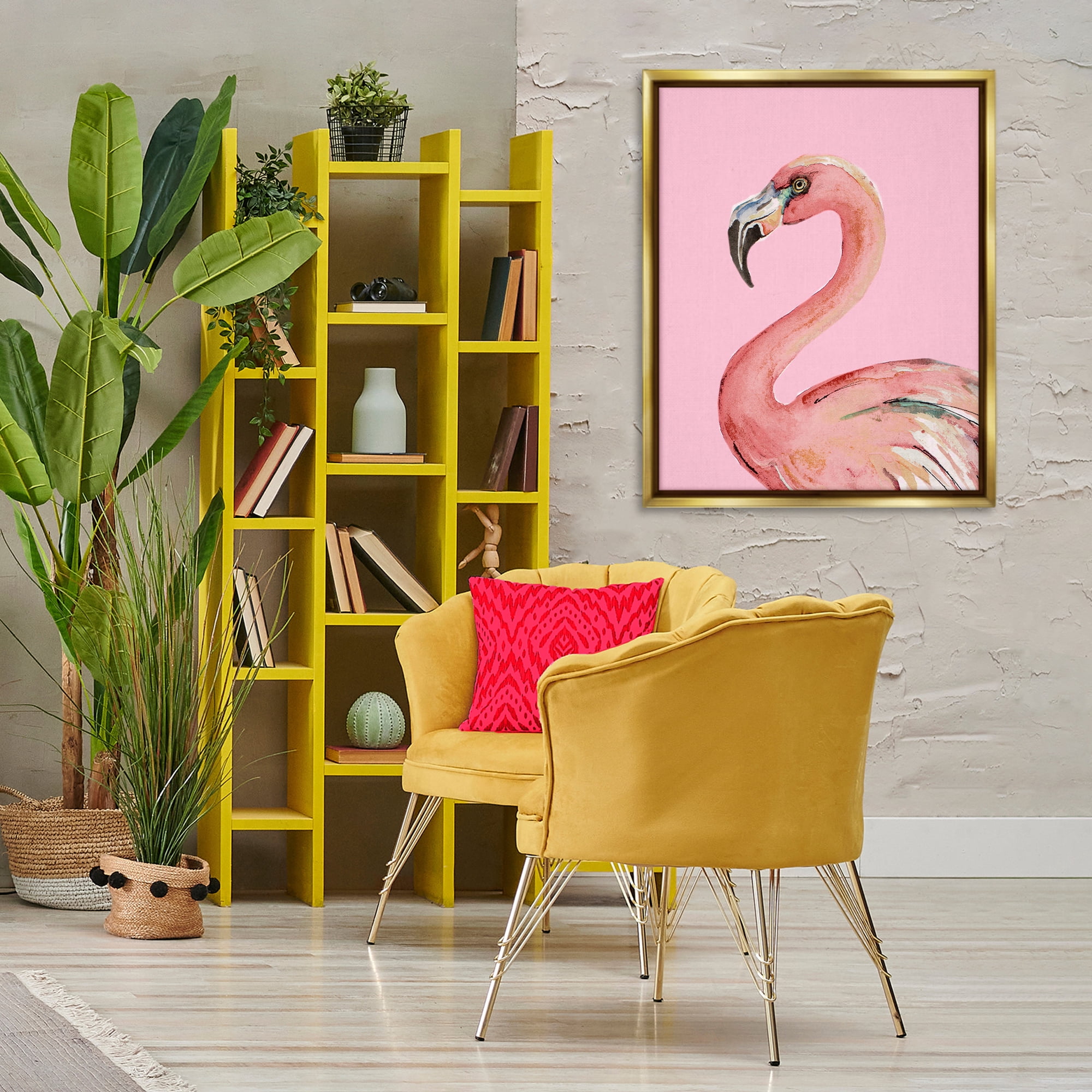 Stupell Industries Flamingo On Pink Animals & Insects Painting Gold Floater Framed Canvas Art Print Wall Art, 25 x 31