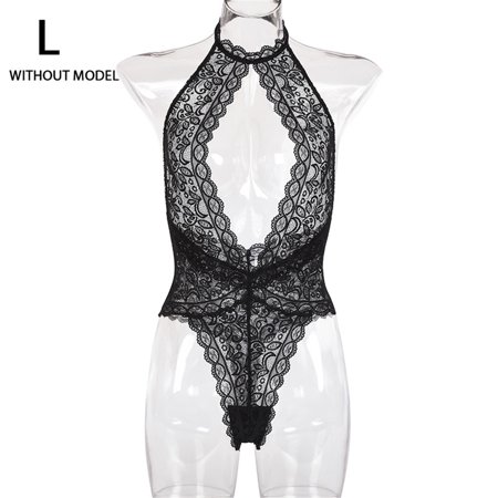 

Women Erotic Lingerie V-neck Jumpsuit Enchanting Lace Edge Design Bodysuit L