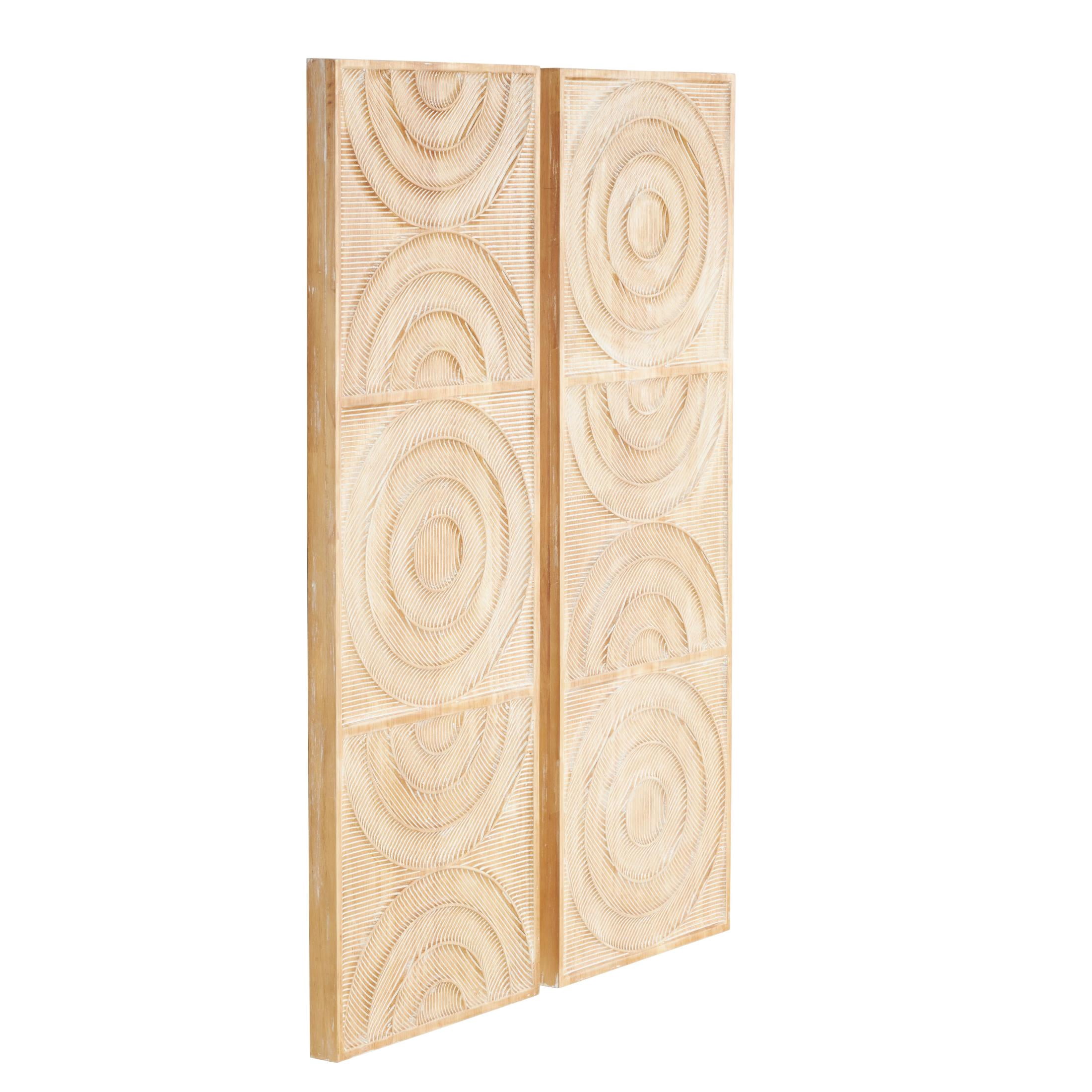 DecMode Light Brown Wood Carved Panel Arch Geometric Wall Decor with White Linear Markings (2 Count)