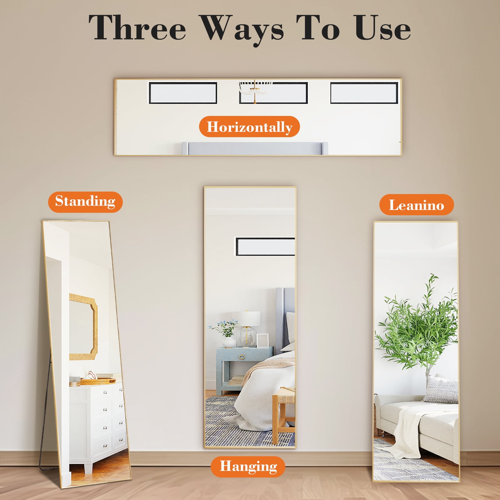 Gianna 56"x21" Full-Length Mirror with Aluminum Alloy Frame, Standing Design for Bedroom, Gold