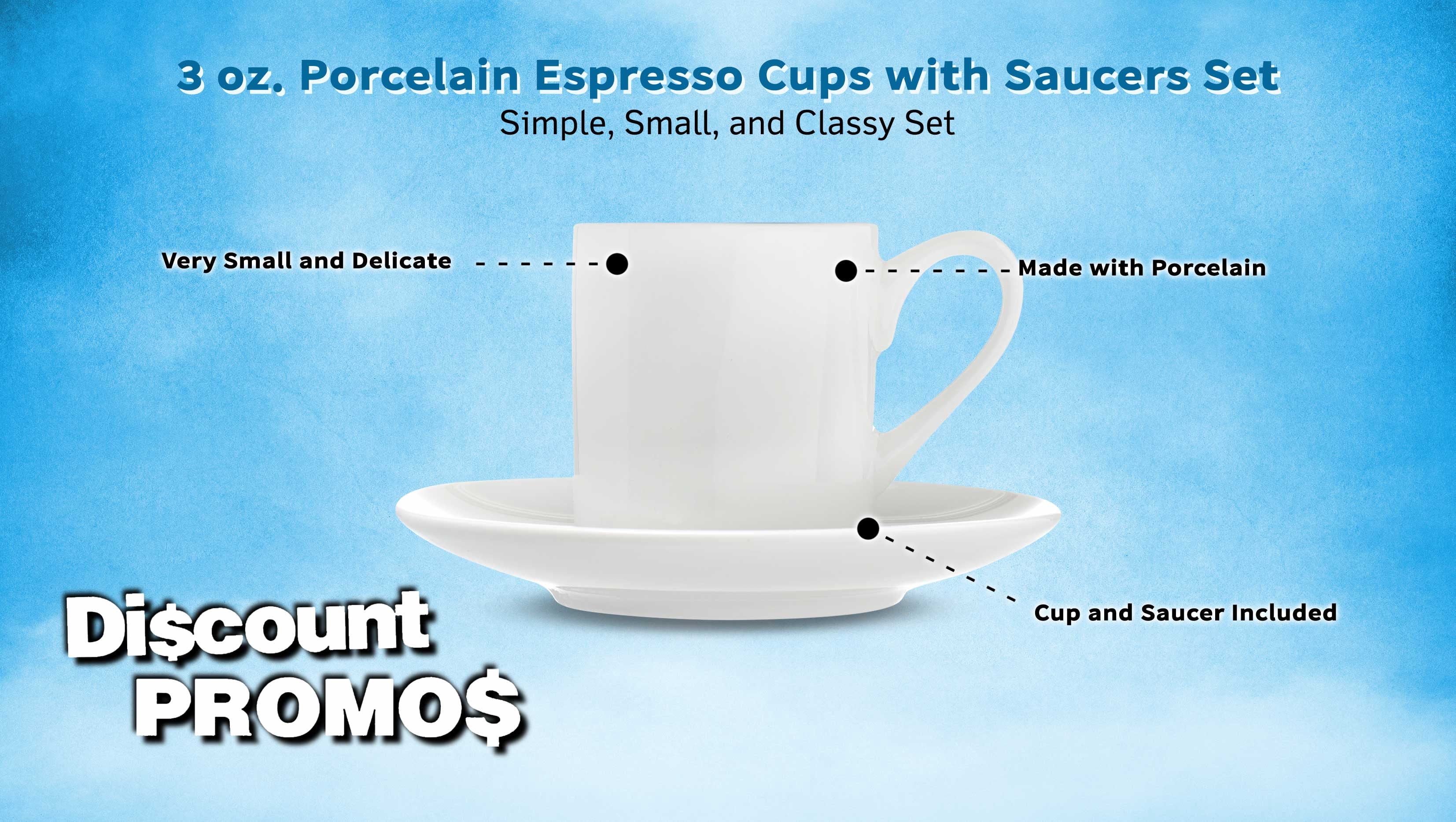 10 Espresso Cups with Saucers Set, 3 oz. - Practical, Porcelain, Coffee Shops - White