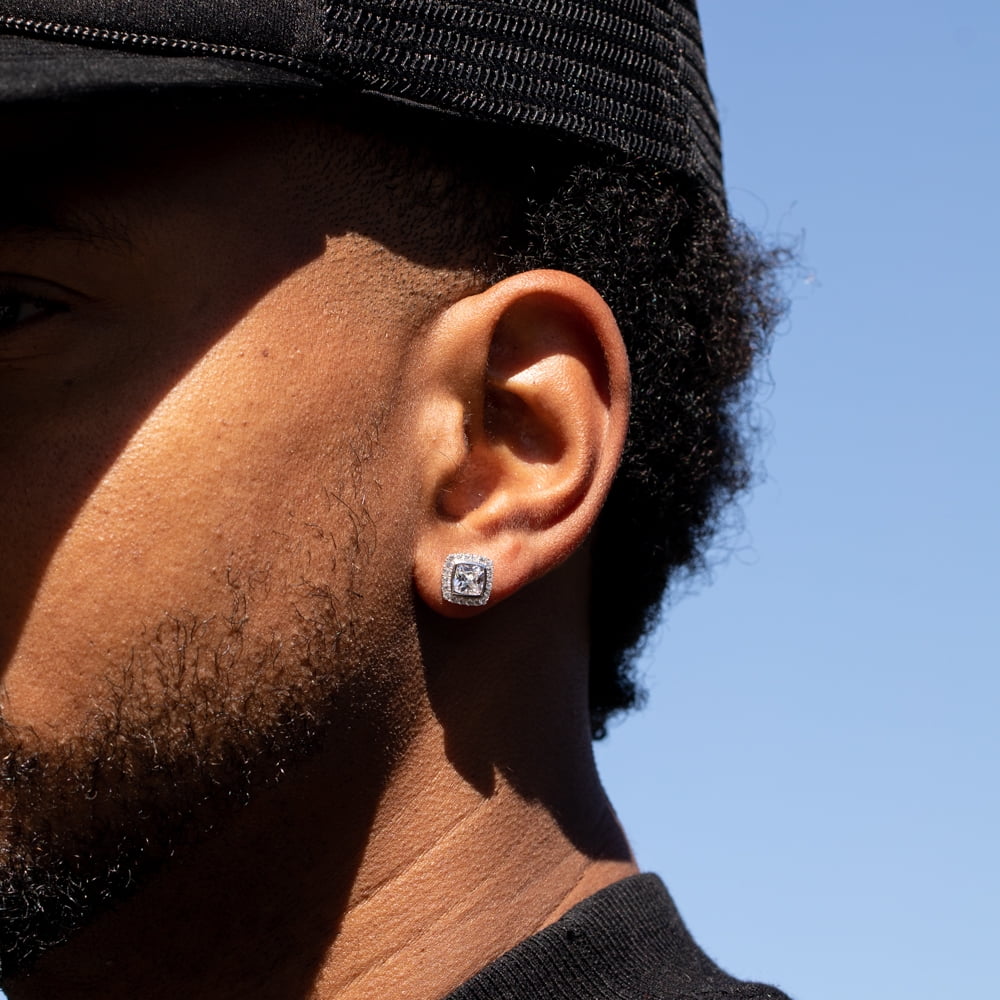 Elegant Square Halo Brilliant Iced Cushion Cut Cz Sterling Silver Hip Hop Men's Women's Stud Screw Back Earring Icy 5A Cubic Zirconia Unisex Small 10mm Earrings