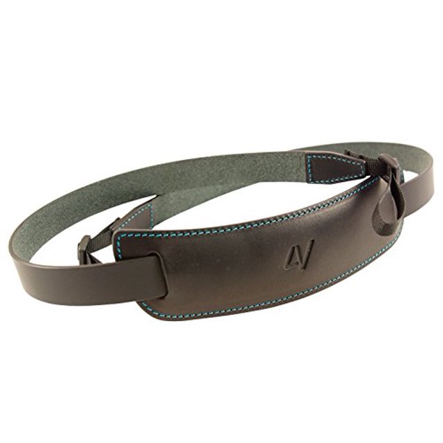 4V Design Classic Large Handmade Leather Camera Strap w/Universal Fit Kit, Black/Cyan (2CLVV0930BL)