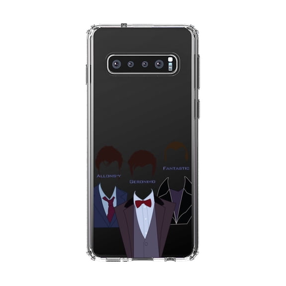 DistinctInk Clear Shockproof Hybrid Case for Samsung Galaxy S10 (6.1" Screen) - TPU Bumper, Acrylic Back, Tempered Glass Screen Protector - Catchphrases of the Doctors