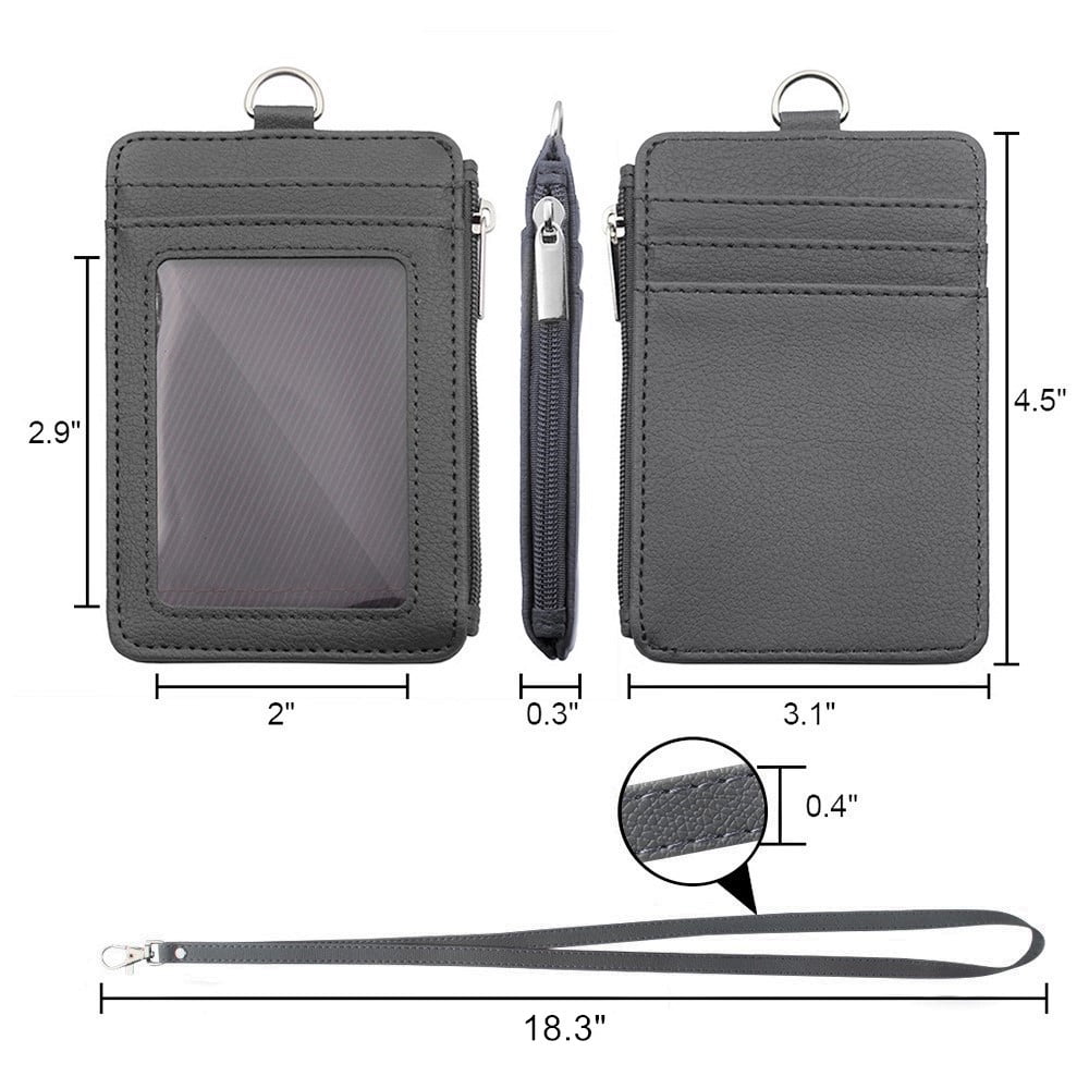 Badge Holder with Zip, Slim Double Sided PU Leather ID Card Holder Wallet Case with 5 Card Slots, 1 Side Zipper Pocket and 18" PU Neck Lanyard/Strap, Vertical-Red5Pcs