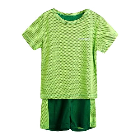 

Fshinging Outfits for Toddlers Boys Girls Short Sleeve Fashion Patchwork Color Breathable Mesh Cool Tops Shorts 2Pcs Sports Clothes Set