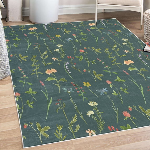 Floral Decorative Rug, Spring Season Themed Watercolors Painting of Herbs Flowers Botany Garden Art, Quality Carpet for Bedroom Dorm and Living Room, 6 Sizes, Teal Champagne, by Ambesonne