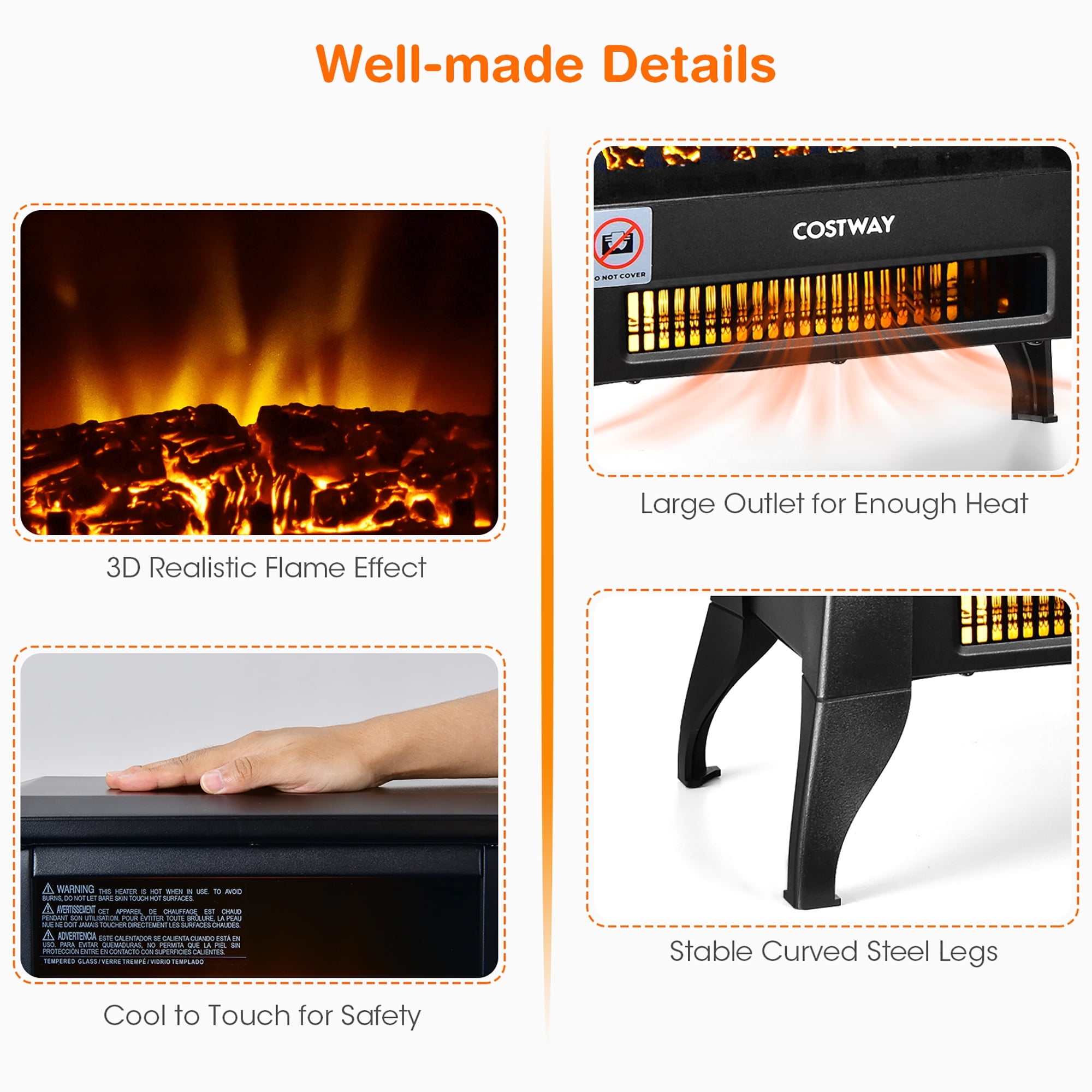 Costway 18''  Electric Fireplace Stove Freestanding Heater W/ Flame Effect 1400W