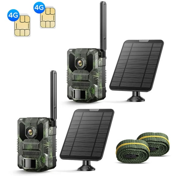 CAMPARK 2 Pack Trail Camera 4G Cellular Solar, 2.5K Hunting Game Camera Built-in SIM Card 4 Area in 1 Screen 940nm No Glow Night Vision IP66 Waterproof for Wildlife Monitoring No WiFi Needed