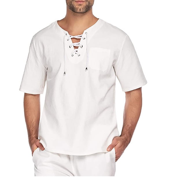 Camisa de playa holgada de cuello en V y manga corta con cordón para hombre - Tejido de lino, estilo retro informal, yoga/deporte